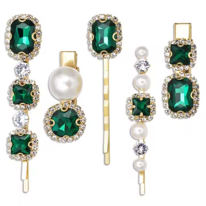Pinzas para el cabello vintage, horquillas decorativas con diamantes de imitación, pasadores para el cabello hechos a mano con perlas de cristal verde, color verde - 1