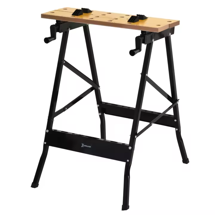 DURHAND Mesa de Trabajo Plegable Banco de Trabajo con Abrazadera 2 Manivelas como Caballete de Sierra Carpintero Hierro MDF Soporta 100 kg 60,5x62,5x78,5 cm Natural y Negro - 1