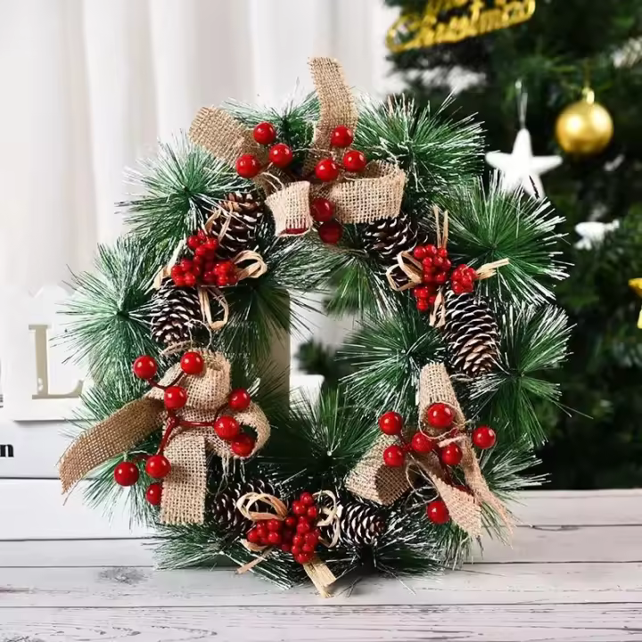 Corona Navideña Roja Para Puerta De Entrada Con Oro Decoración De Pared Y Puerta Guirnalda De Navidad Ornamento De Casa - 1