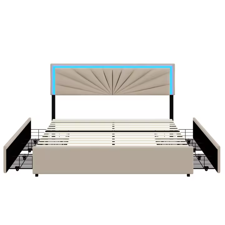 Cama doble 140x200/160x200 cm tapizada con 4 cajones, LED y somier de láminas, lino beige - 1