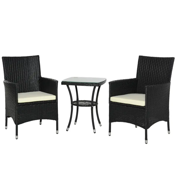 Outsunny Conjunto de Muebles Ratán para Jardín Formado por 1 Mesa y 2 Sillones con Cojines Estructura de Metal y Ratán - 1
