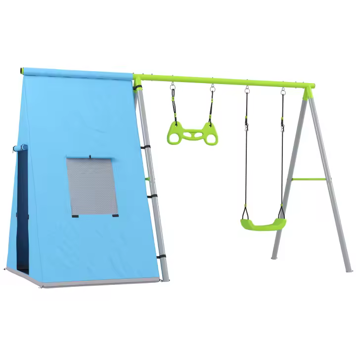 AIYAPLAY Columpio para Niños de +3 Años 3 en 1 Columpio Jardín Exterior con Columpio Anillas de Gimnasia y Tienda Estructura Metálica Verde - 1