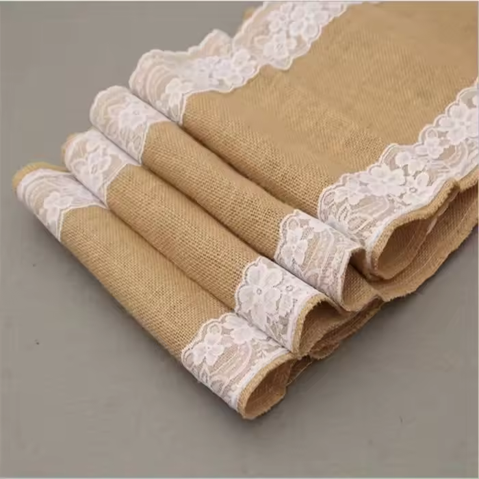 Camino de Mesa-Juego de 3 - Arpillera y encaje-30x275 cm-Marron y Rosa-Estilo country - 1