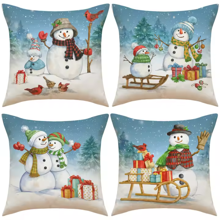 Conjunto de 4 muñeco de Navidad y alces almohada cubre, zapatos de impresión de dibujos animados lindo para la decoración del sofá del hogar - 1
