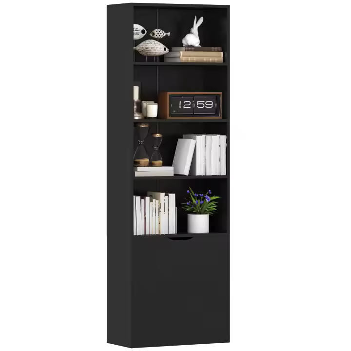 HOMCOM Estantería para Libros de 6 Niveles, Librería con 2 Puertas, 4 Estantes Abiertos, Armario Alto para Salón, Estudio, Oficina, 59x29x180 cm, Negro - 1