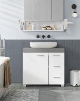 Armario bajo para lavabo de baño, 3 amplios cajones, 2 compartimentos detrás de puerta, con patas estables, color blanco o gris cemento - details 5