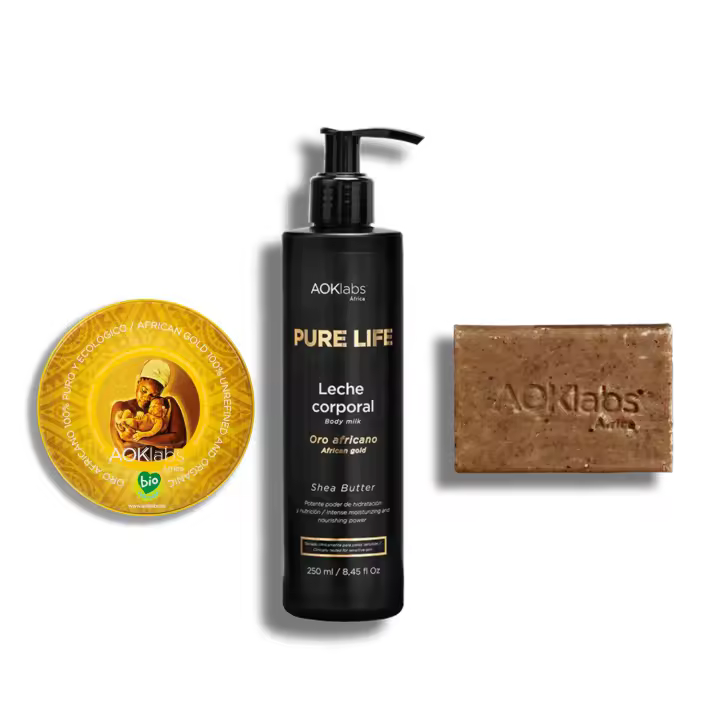 AOKLABS - Pack Kanvili: Oro africano 50 ml + Jabón oro negro + Bodymilk reafirmante | Pack limpiador e hidratante para rostro y cuerpo | Manteca de karité pura con jabón facial limpiador - 1