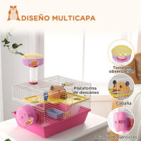 PawHut Jaula para Hámster Casa para Animales Pequeños con Cuenco Bebedero Rueda de Ejercicio Torre de Observación y Casita 34x27x25 cm Rosa - details 1