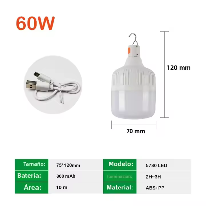Bulbo LED Portátil Recargable Por USB Lámpara Móvil Super Brillante Para Camping Noche Emergencia Con Gancho Para Saco De Dormir Y Mercado - 1