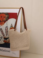 Bolso De Hombro Retro De Verano Con Bloque De Colores Y Hueco Bolso De Tela De Cuero Con Correa Tejida Gran Capacidad Casual - details 7