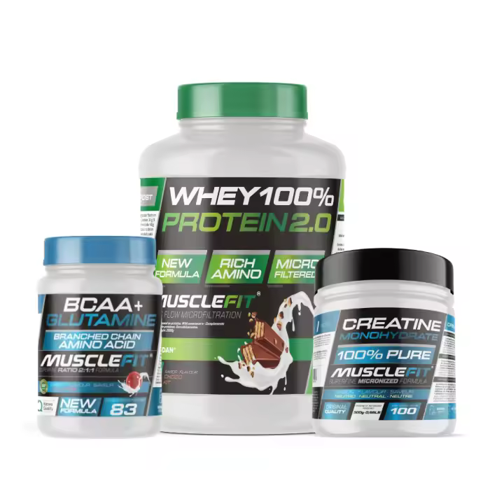 MUSCLEFIT PACK Súper Ahorro: Proteína Whey 2kg, Creatina Monohidrato 300g, Glutamina, BCAA 500g, Regalo - 1