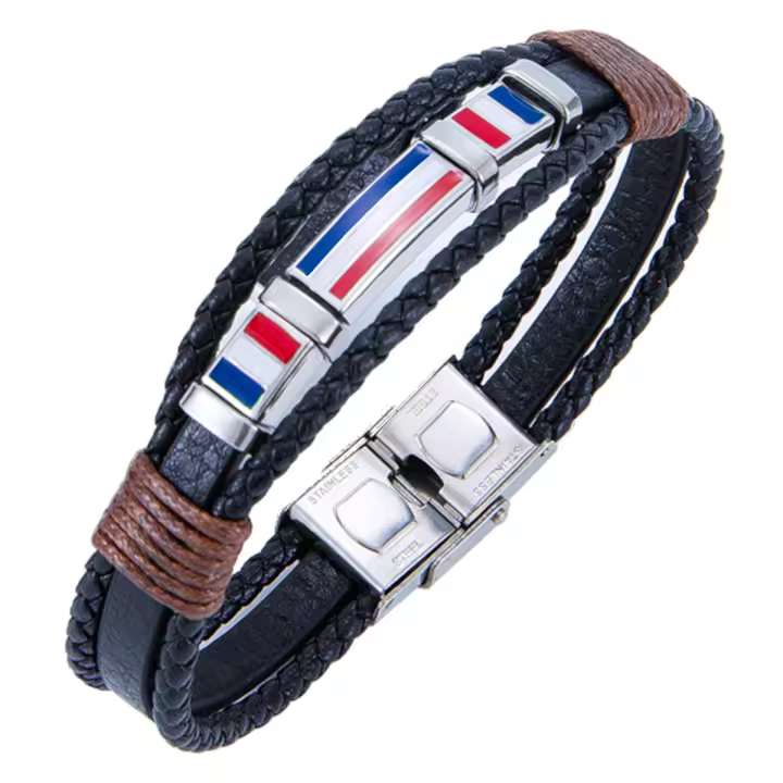 Pulsera de Francia Cuero Triple Bandera Cierre de Seguridad Acero Inoxidable Ajustable Pulsera Francia Unisex - 1