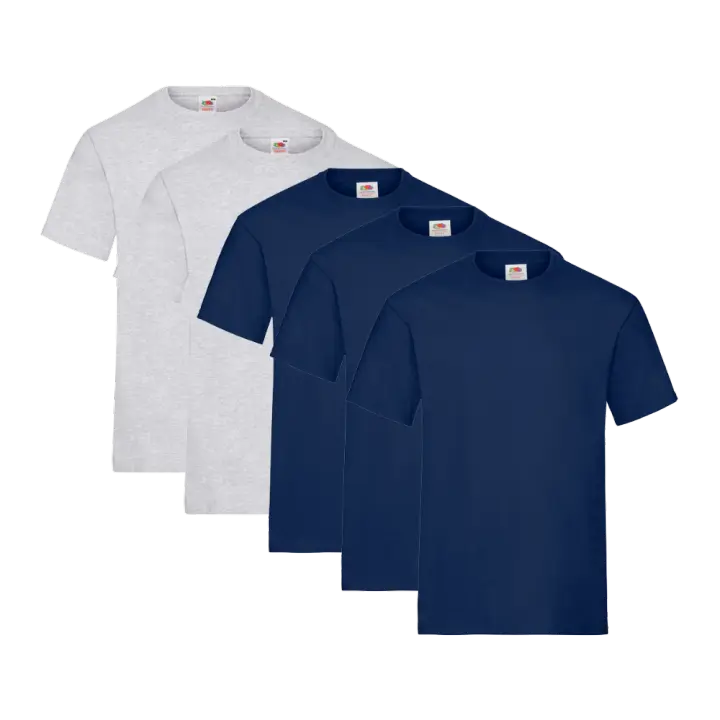 Fruit of the Loom Heavy Cotton - Camiseta Manga Corta para Hombre (Pack de 5 unidades) - 3 Azul Marino / 2 Gris Jaspeado - 1