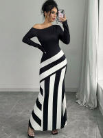 Vestido Maxi Para Mujer Elegante Y Casual En Negro Y Blanco Patchwork Slim De Poliéster Para Otoño Moda Streetwear - details 4