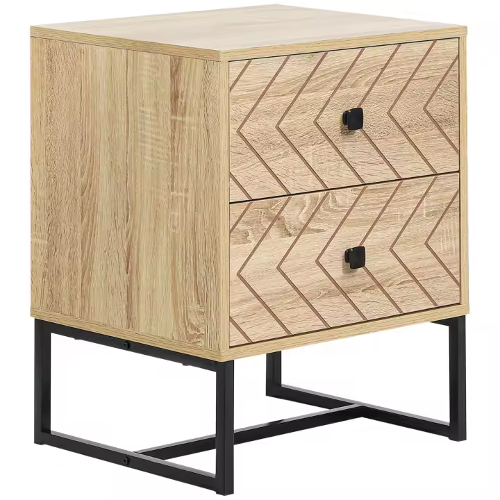 HOMCOM Mesita de Noche Mesa Auxiliar Mesilla de Noche con 2 Cajones y Patas de Metal Estilo Moderno para Dormitorio Salón Oficina 48x39,5x60 cm Natural - 1