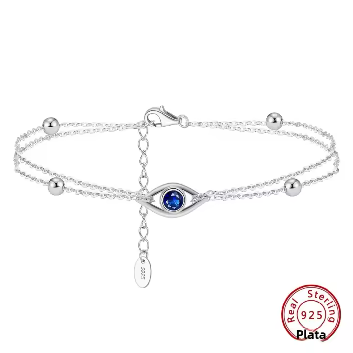 Pulsera De Cadena Clásica KISS MANDY Con Ojos Malos Y Doble Capa En Plata 925 Y Oro 14K Para Mujer Joyería De Fiesta - 1
