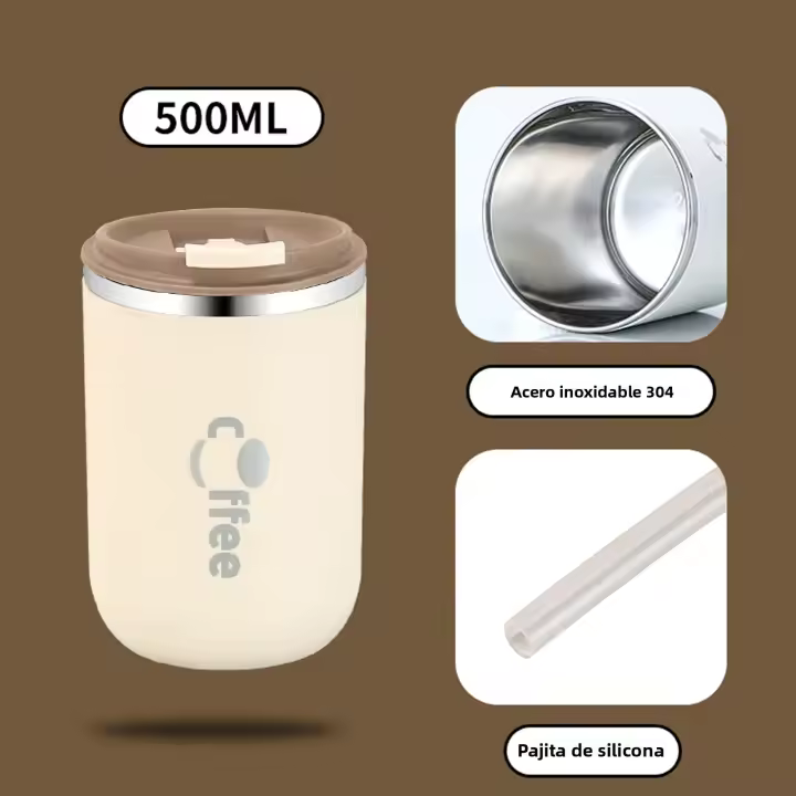 Taza De Café De Acero Inoxidable 304 Con Pajita Y Tapa, Antigoteo Para Bebidas Calientes Y Frías Adecuada Para Niños Y Adultos - 1