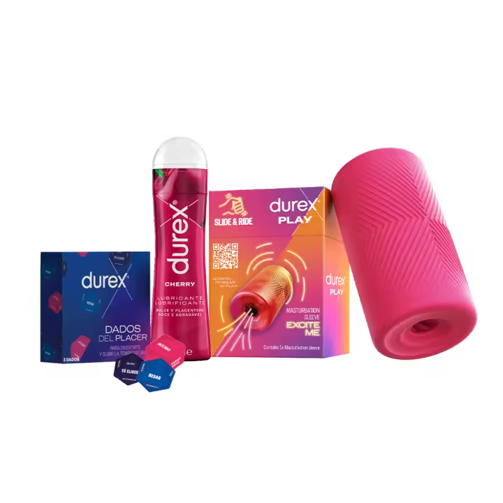 Durex Pack - Masturbador SLIDE & RIDE, elástico, suave flexible y texturizado con estrías, fácil de limpiar y reutilizable + Gel lubricante Sabor Cereza + Dados de placer - 1