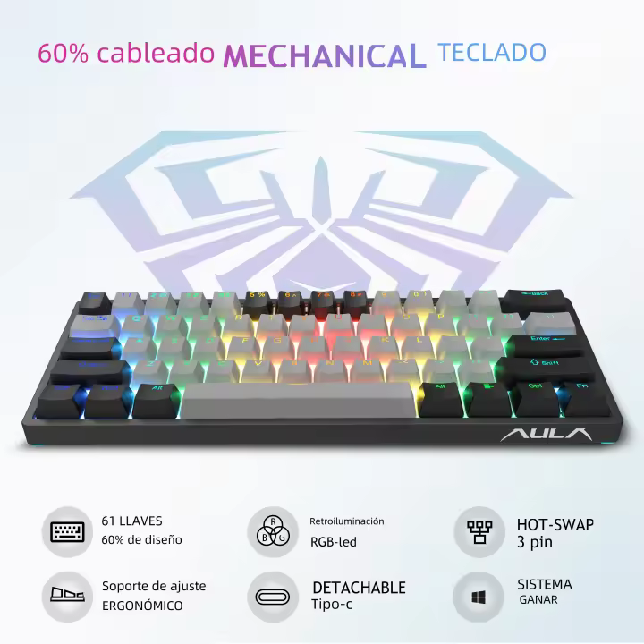 Teclado Mecánico Gamer AULA F3261 Con Software Personalizable RGB 60% Layout Para Tablet Teclas Hotswap Material PBT Certificación CE - 1