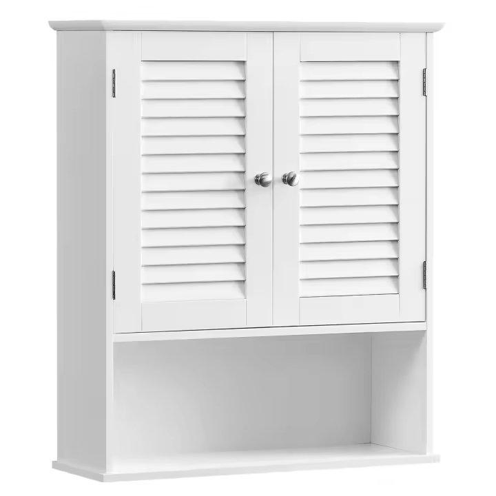 VASAGLE Armario de Pared para Baño, Armario Colgante, Armario de Almacenamiento con Estante Ajustable, Puertas de Doble Persiana y Estante Abierto, 20 x 60 x 70 cm, Blanco - 1