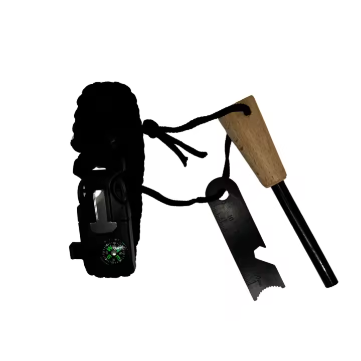 Inuitz Pedernal para fuego multiusos, encendedor de magnesio y madera, brújula, regla, silbato SOS, superficie dentada para hacer serrín, cuerda de seguridad para transporte - 1