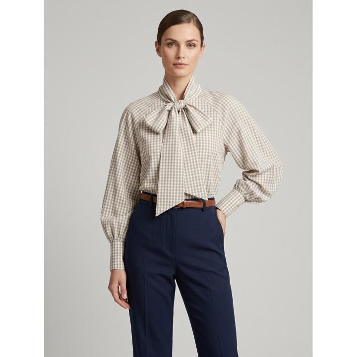 Camisa de cuadros vichy manga ranglan abullonada puño ancho cierre de botones central detalle de lazada grande talla única - Pronto Moda