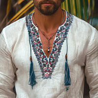 Camisa De Hombre Estilo Étnico Primavera Otoño Moda Impresión Cuello En V Manga Larga Tamaño Grande 3XL Top Casual Con Borlas - details 2
