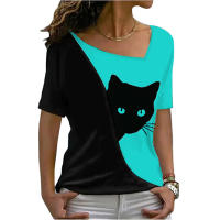 Blusa De Verano Para Mujer Estilo Nuevo Con Cuello Inclinado Y Estampado De Gato Negro Manga Corta Camiseta Casual De Polyester Y Spandex - details 2