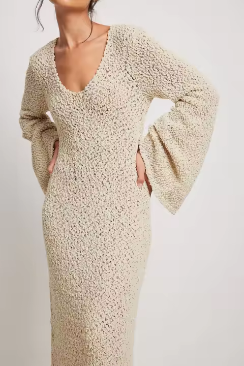 Vestido Largo De Suéter Monochromático Temperamento Adelgazante Para Mujer Estilo Casual Manga Flare Suave Algodón Sin Decoración - 1