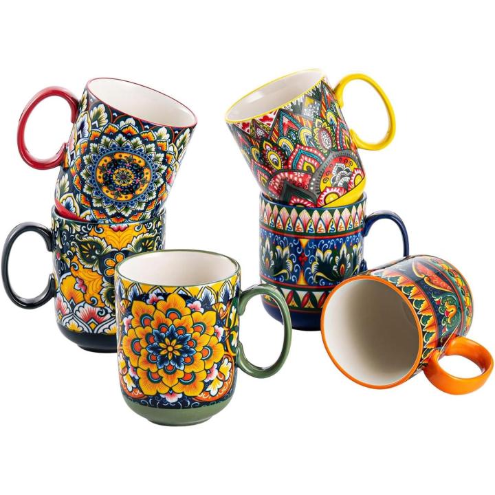 Set 6 Tazas de Café, 400 ml Tazas Desayuno Mugs, Juego de Tazas de Leche, Tazas de Cerámica, Microondas y Lavavajillas, Estilo Bohemio Colorido