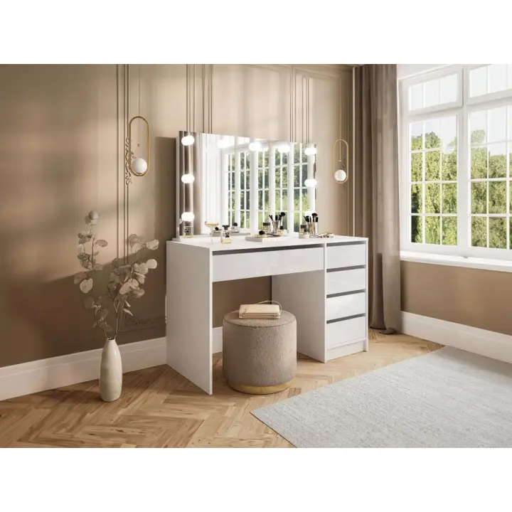 Vente-unique - Tocador con espejo LED - 5 cajones - Blanco brillante - JENEMI - 1