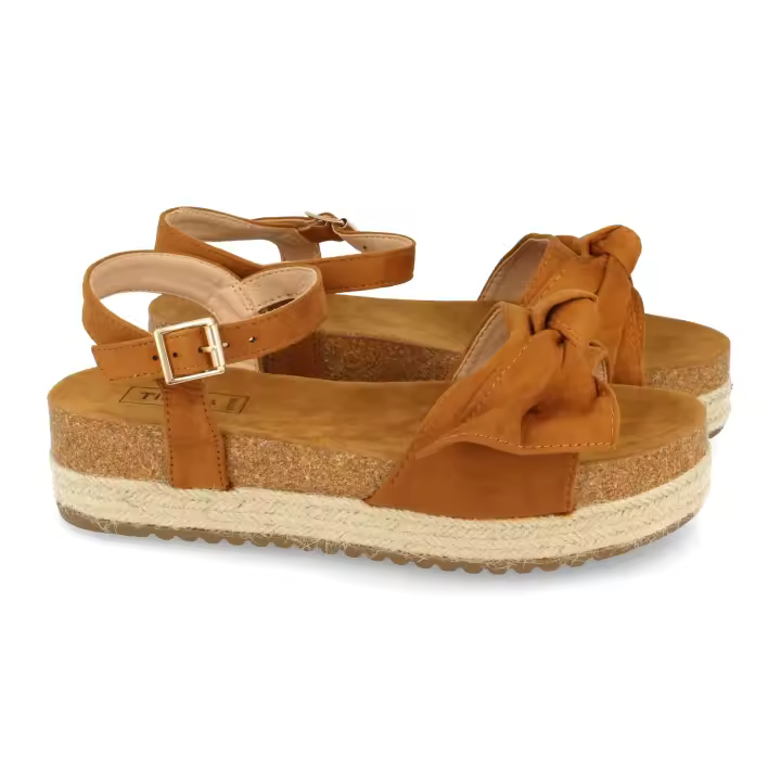 Davinia Shoes Sandalia de Plataforma para Mujer, Comodas, Forrado de Yute, Lazo en Pala, y Cierre de Hebilla, Primavera Verano 2021 Shoes&Blues.es 20336-Camel - 1