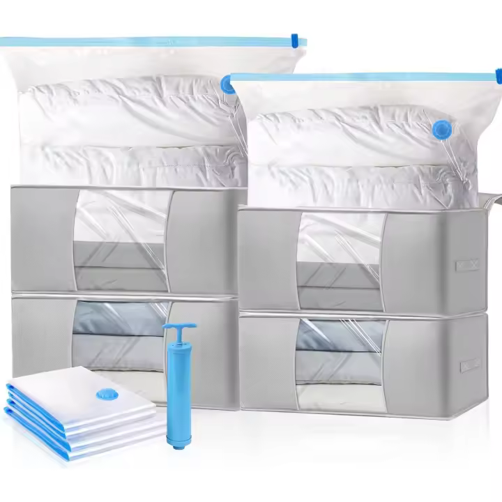 Juego de Bolsas Vacio Ropa, 4 Bolsas de Almacenaje al Vacío, 4 Cajas Almacenaje Ropa con Asa y Cremallera, 1 Bomba de Mano, para Edredón, Almohada y Ropa - 1