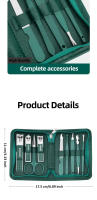 Set De Manicura Profesional Verde Con 9 Piezas Y Estuche De Cuero Herramientas Para Cuidado Del Pie Y La Cara Corta De Acero Inoxidable Regalo - details 9