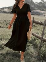 Vestido Casual De Verano Para Mujer 2024 AliExpress Con Cuello En V Manga Corta Y Abertura Midi De Poliéster Estilo Europeo Y Americano - details 1