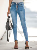 Nuevas Jeans Stretchy Para Niñas Cintura Alta Vintage Azul Mecánica Recta Casual Pantalones De Calle Con Botones Y Bolsillos - details 7