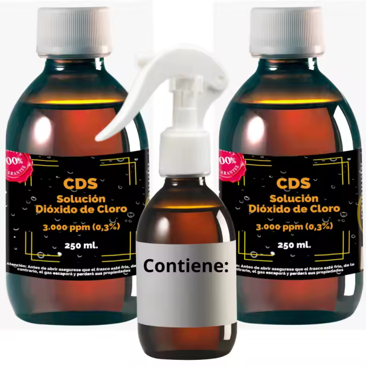 2 x 250 CDS Solución Dióxido de Cloro -500 ml- | 3.000 ppm al 0,3% | Máxima Pureza | Formula Original A. Kalcker | Regalo Frasco Dosificador (vacío) | Con gotero y Vaso Dosificador | Envasado en Cristal de Laboratorio Reutilizable. - 1