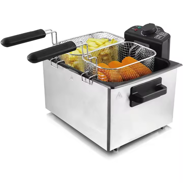 Royal Swiss - Freidora de Aceite Con 2 Cestas 1 Tapa,  Capacidad De Aceite 5L, Freidora Casera De Acero Inoxidable Con Temperatura Ajustable, Temporizador, Freidora Eléctrica De 2000 W Para Cocina Restaurante [Clase de eficiencia energética A] - 1