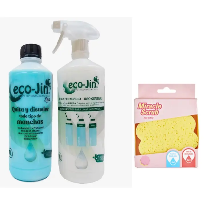 ECO JIN Azul Spa Original, 1L concentrado + exfoliante milagroso, limpieza perfecta sin limites ECO-JIN. Ecológico, Higiénizante, Bactericida, Anticalcareo, desinfectante y elimina cal. Componentes tensoactivos. Exclusivo y poderoso quitamanchas. - 1