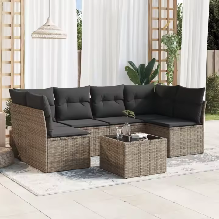 vidaXL Set de sofás de jardín 7 piezas con cojines ratán PE gris - 1