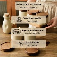 LUTODY - Juego de 3 botes de cerámica para sal, pimienta, azúcar, especias y condimentos con tapa de acacia natural para cocina y alimentos - details 1