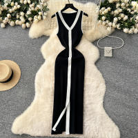 Vestido Largo Sin Mangas De Verano Para Mujer REALEFT V-neck Cintura Imperio Slim Alineado Hasta La Cintura De Poliéster - details 5