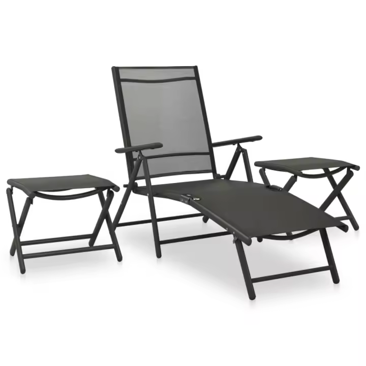 vidaXL Set de muebles de jardín 3 piezas textilene aluminio en color Plateado/Negro | almacenamiento funcional diseño moderno para baño dormitorio sala - 1