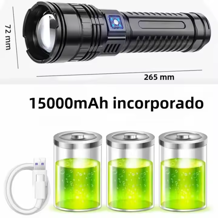 Linterna LED Potente 1000W Recargable Tipo-C 15000mah Para Camping Lanterna De Zoom 9000M Con Salida De Luz De Punto Fijo Resistente Al Agua Y Choque - 1