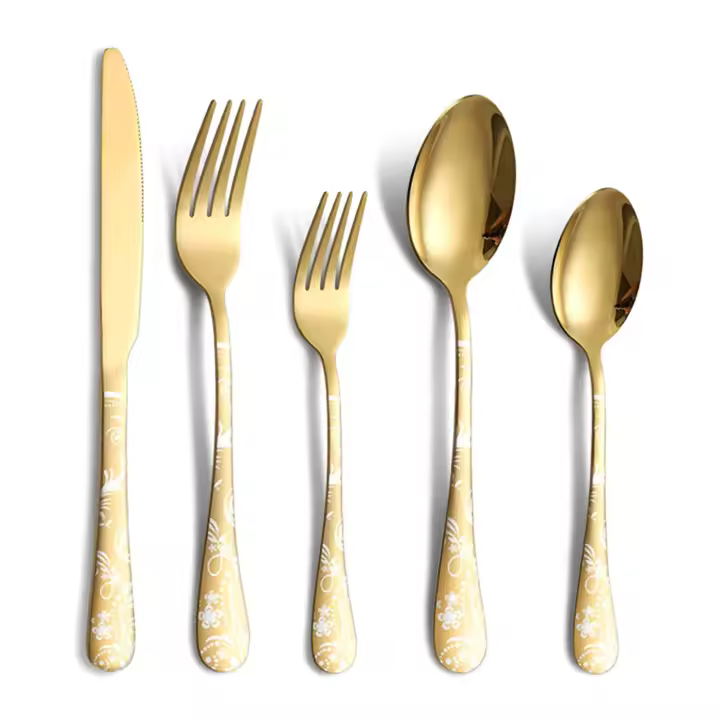 Juego de cubiletes de Maple inoxidable para 4 personas, juego de cubiletes que incluye Cuchillo, TENEDOR, Cuchillo, cubiletes de camping pulidos with Espejo, 20 piezas (dorado) - 1