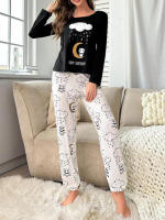 Conjunto De Pijamas Para Mujer Con Estampado De Panda Y Nube Larga Manga Cuello Redondo Y Joggers Elásticos Dormitorio Cómodo De Poliéster Y Elástano - details 3