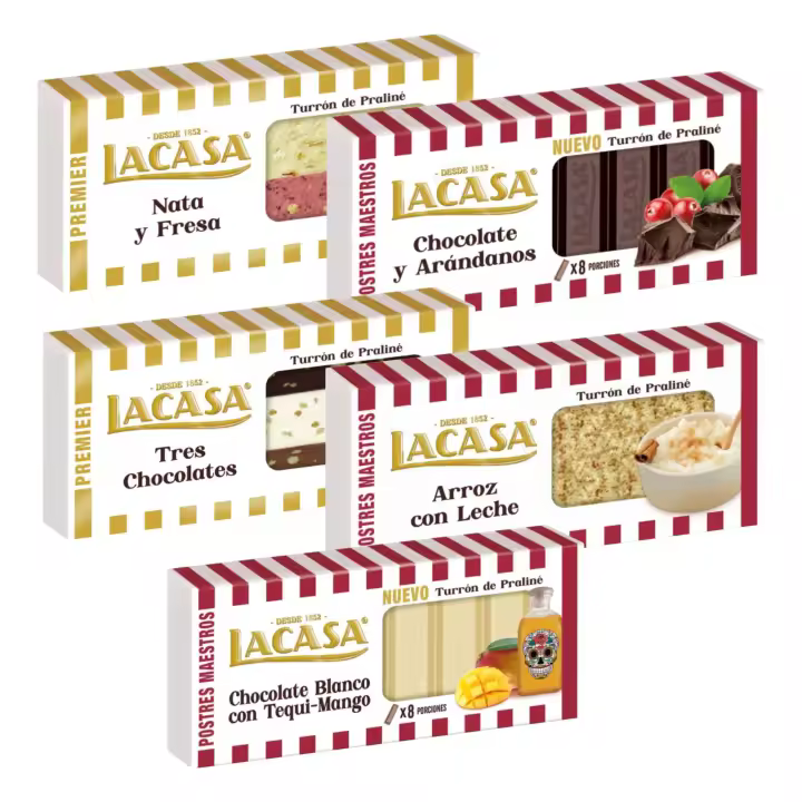 Turrones Lacasa: 5 tabletas de Turron variadas: Chocolate y almendra, Arroz con leche, Chocolate blanco con tequi mango, Chocolate y arándano - 1