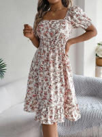Vestido Elegante De Primavera Y Verano Para Mujer Con Estampado Floral Cuello Cuadrado Manga Corta Volante Al Borde Vestido A-Line De Rodilla Casual - details 22