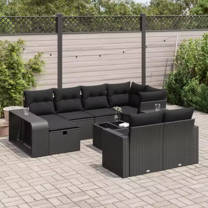 vidaXL Set de sofás de jardín 11 pzas y cojines ratán sintético negro - 1