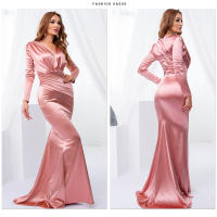 Vestido De Noche Elegante Romagic Con Cuello En V Y Aros En Satén De Manga Larga Estilo Sirena Rosa Para Bodas Y Bailes De Premio Largo Y Lujo - details 7